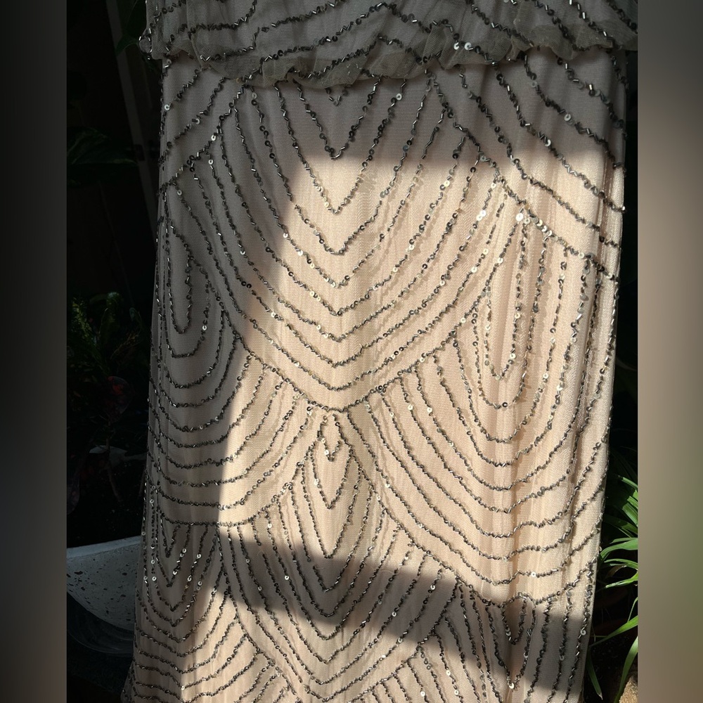 ADRIANNA PAPELL ART DECO BEADED BLOUSON GOWN IN TAUPE PINK SIZE 16 - Picture 17 of 17